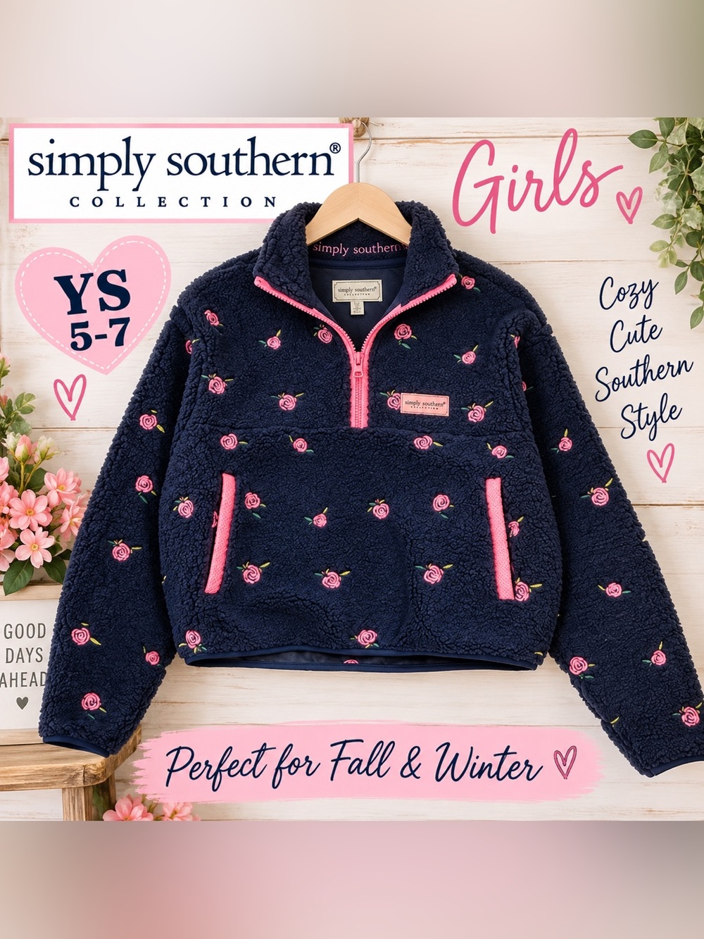 Simply Southern Girls YS 5-7 Navy Rose Sherpa 1/4 Zip Pullover NWT